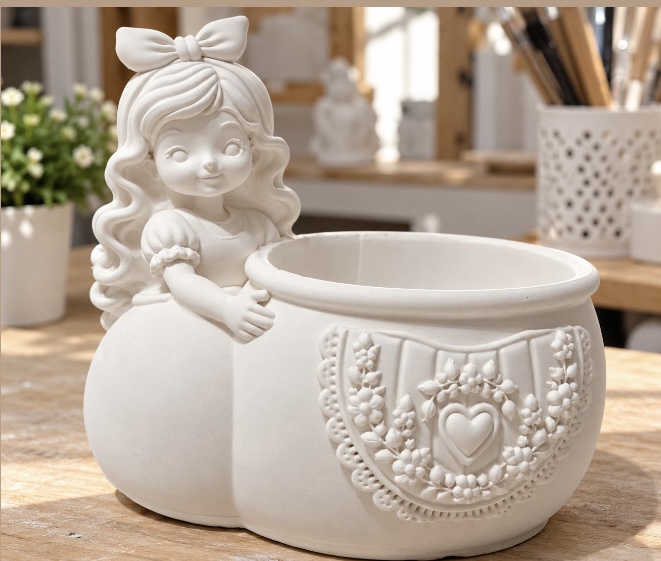 Sepetli kaşıklık saksı kız biblo ham obje 22x24 cm - Görsel 2